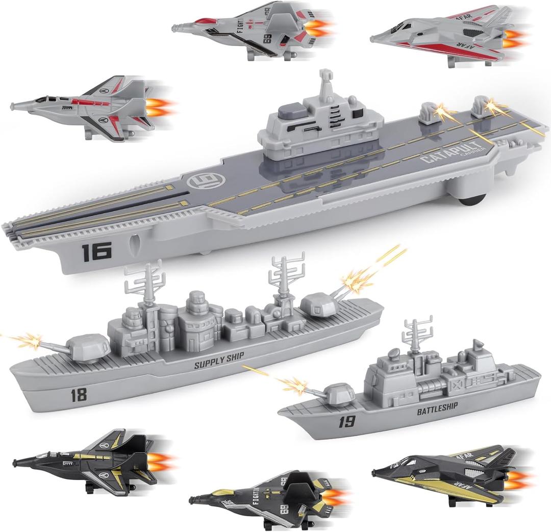 Model Military Naval Ship Aircraft Carrier Toy Play Set with Small Scale Model Planes, Battleship and Supply Ship Included