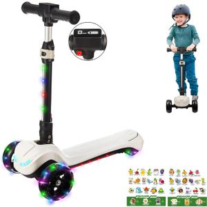 3 Wheel Electric Scooter for Kids Ages 3+, LCD Display, Colorful Lights, Reliable Thumb Throttle, 3 Adjustable Height, 5Mph Safe Speed and Long Range, Foldable Kids Electric Scooter (White-02)