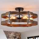6-Light Rustic Farmhouse Wood Flush Mount Ceiling Light Fixture 20 inch Oak Wood and Metal Cloud Cage Semi Flush Mount Ceiling Light for Hallway Entry Dining Farmhouse Bedroom Living Room, Black, Large 6 lights