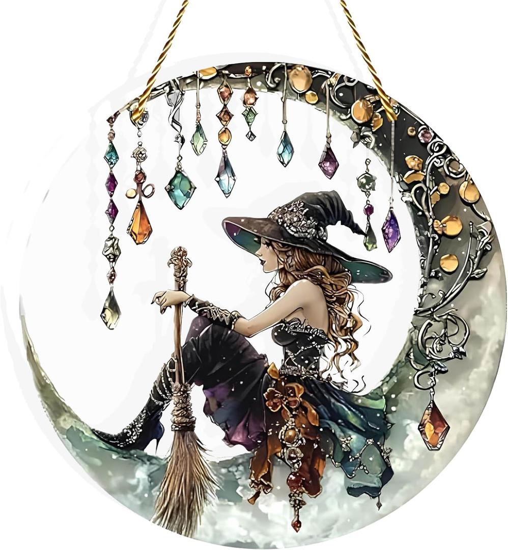 Charming Moonlight Witch Acrylic Stained Glass Window Hanging Suncatcher Panel Stunning Wall Art Decor & Witchy Ornament for Home Friends and Family (Moonlight Witch Design)