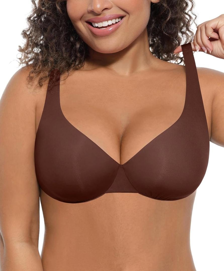 FeelinGirl Bras for Women Unlined No Padding Comfort Underwire Plus Size Full Coverage Seamless Plunge Everyday Bras (36C, Mocca)