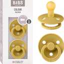Bibs Pacifiers Color Collection, Set of 2 BPA-Free Latex Pacifiers Made in Europe, Round Nipple Baby Pacifier. (6+ Month (Pack of 2), Mustard)