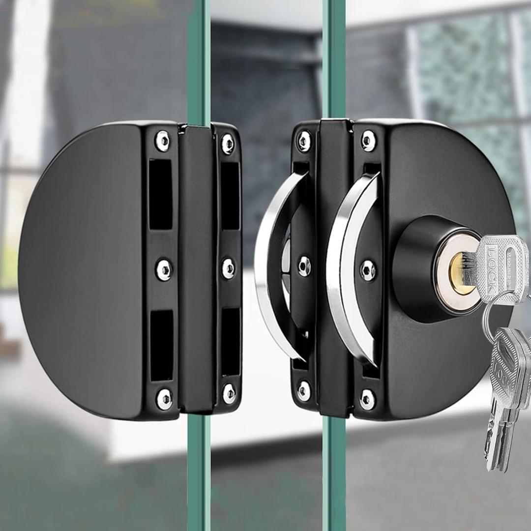 Glass Door Lock with 3 Keys Fits on 10 mm to 12 mm Door, Frameless Push Sliding Door Lock Security with Double Swing (Black)