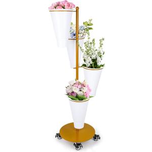 Flower Display Stand With Buckets,Rotatable Flower Cart Display Stand with Wheels,Flower Bar Stand for Florist Garden Wedding Home Decor (Gold)