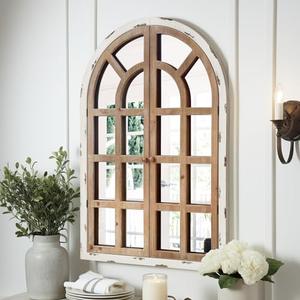 Arch Window Mirror, Rustic Farmhouse Cathedral 24X36 Inch Large Wood Pane, White Arched Decorative Accent