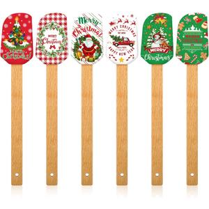 Patelai Christmas Silicone Spatula Xmas Cake Spatula with Wooden Handle Snowmen Pancake Cute Pan Scraper Xmas Dish Scraper Cooking Spatulas for Kitchen Mixing Cooking (Cute Style,6 Pieces)
