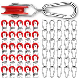 Tondiamo 30 Sets 1-3/4" Red Nylon Pulley and 1/4" Spring Hook Set, Galvanized Snap Clip Reinforced Nylon Baseball Batting Cage Cable System for Netting Baseball Batting Cages
