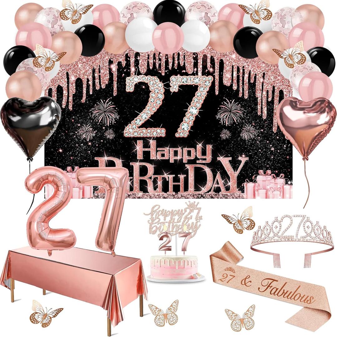 27th Birthday Decorations for Women, 49pcs Black Rose Gold Black Happy 27th Birthday Banner, Tablecloth, Butterfly Decor, Sash and Tiara, Cake Topper, Candles, Balloons Arch