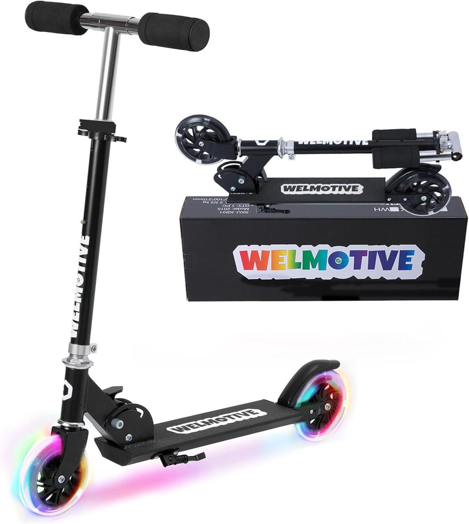 Kick Scooter for 3+Years Old Boys & Girls Lightweight, Foldable, Aluminum Frame, and Adjustable Handlebars, Rear Brake, and Flashing Light up Wheels Black