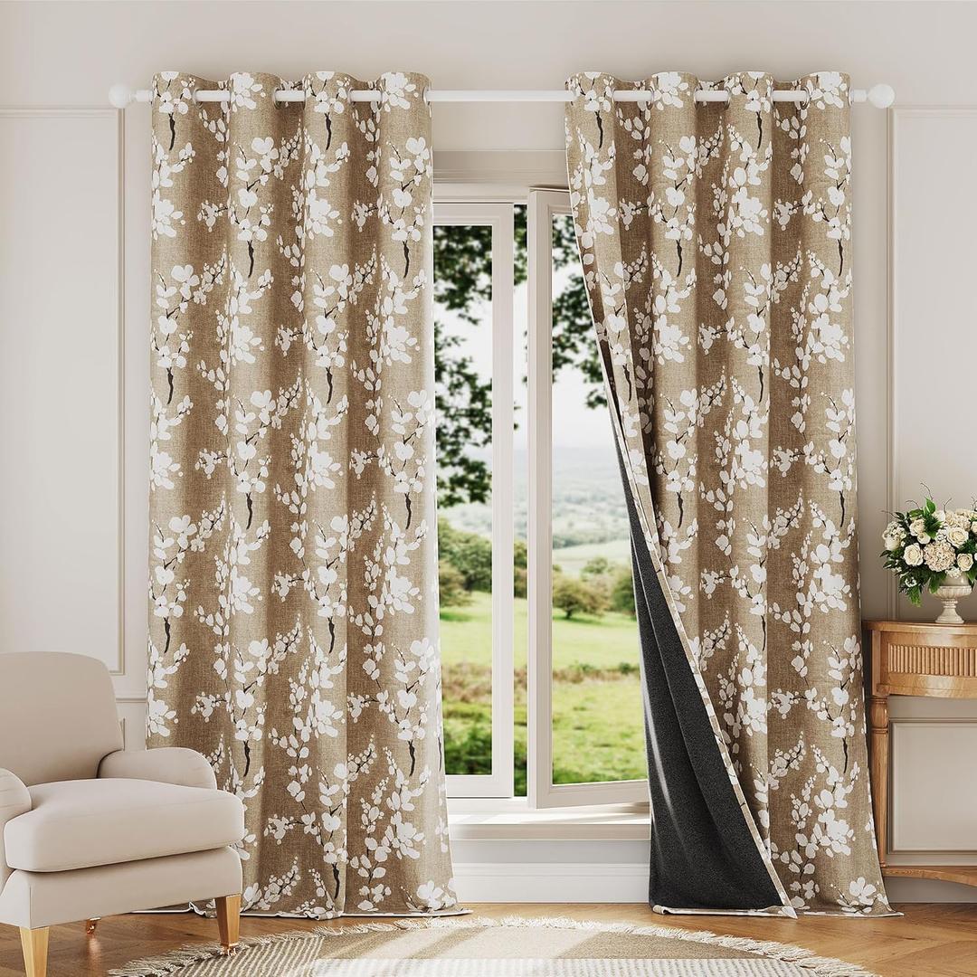 FMFUNCTEX 100% Blackout Floral Curtains for Bedroom, Taupe Curtains 84 inches Long Blossom Flower Patterned for Living Room, Thermal Insulated Farmhouse Drapes, Grommet Top 2 Panels (White on Tan)