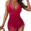 Blooming Jelly Women One Piece Swim Dress Tummy Control Swimsuits Slimming Mesh Sheer Sarong Wraps Bathing Suit (Medium, Red)