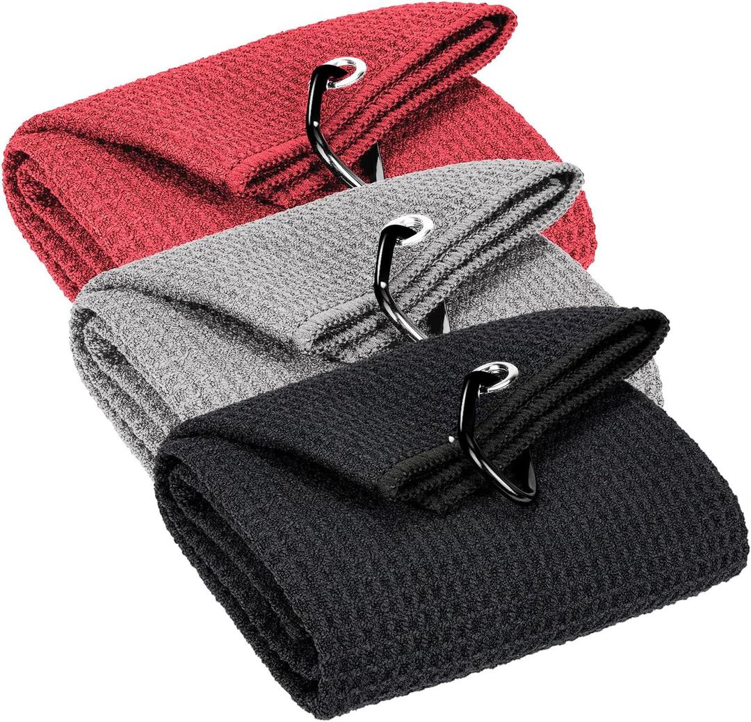 3 Pack Golf Towels - 16"x24" Tri-Fold Waffle Microfiber Golf Towel for Golf Bag/Golf Cart, Heavy-Duty Carabiner & Ultra Absorbent Fabric to Wipe Sand, Mud & Sweat (Black/Grey/Red)