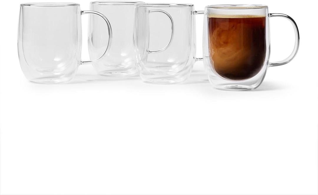 Sur La Table 12 oz Double-Wall Glass Coffee Mug, Set of 4  Insulated Design Keeps Drinks Hot & Hands Cool, Microwave & Dishwasher