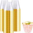 WELLIFE 200 PCS Gold Plastic Cups,9 oz Clear Plastic Cups,Disposable Wine Glasses,Plastic Cocktail Glasses for Party and Wedding