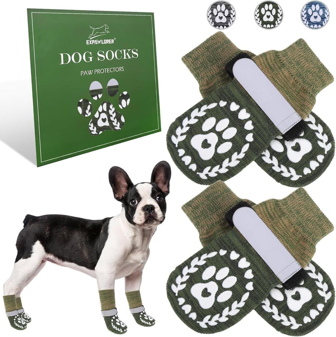 EXPAWLORER Dog Socks to Prevent Licking and Slipping, Winter Dog Shoes for Cold Weather Snow, Paw Protectors for Hardwood Floors Anti-Slip, Dog Booties for Small Medium Large Senior Dogs, Green M (Medium(Paw Width:2.55in)