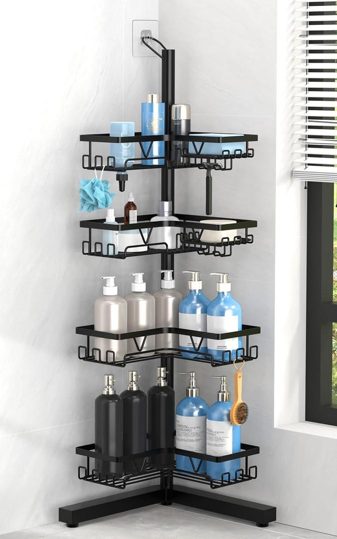 KEGII Floor Shower Caddy Standing 4-Tier Corner Shower Organizer with Hooks & Soap Holder, Free-Standing Bathroom Storage Rack for Shampoo & Toiletries, Black