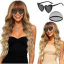 PLULON Ombre Blonde Wavy Wig with Bang for Women, Long Wavy Curly Wigs with Hair Cap Heart-Shaped Sunglasses Heat Resistant Synthetic Curly Hair Natural Looking for Cosplay Bachelor Party Daily Use
