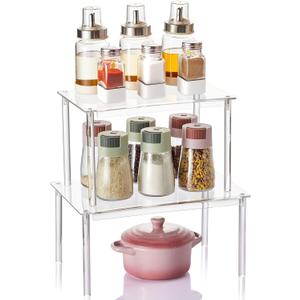 Nuoex Clear Acrylic Cabinet Organizer Shelf, Set of 2 Spice Rack Organizer for Kitchen, Countertop Desk Organizers Display Riser Shelves, Stackable Kitchen Cabinet Shelf, Pantry Storage