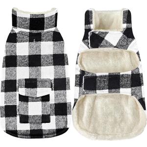 Malier Classic Plaid Fleece Dog Coat with Pocket  Windproof Warm Winter Pet Jacket for Small to Large Dogs (White, Medium)