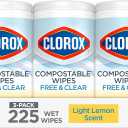 Clorox Free & Clear Compostable Cleaning Wipes, Light Lemon Scent, 75 Count, Pack of 3 (Pack May Vary)