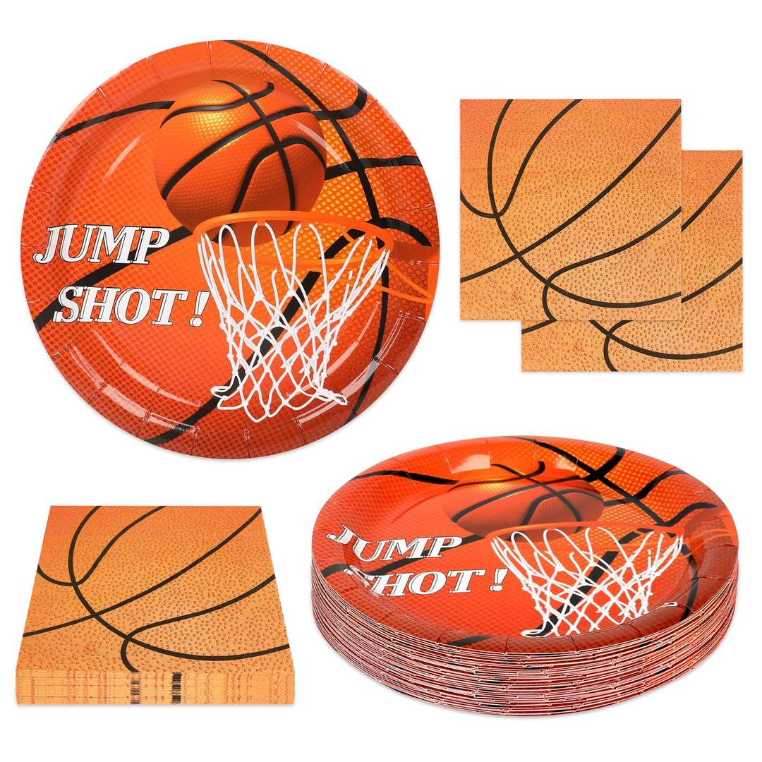 3 x qonimi 50PCS Basketball Plates and Napkins Party Supplies - 9 Inch Basketball Paper Plates 6.5 Inch Paper Napkins Basketball Birthday Party Decorations for Kids Serves 25