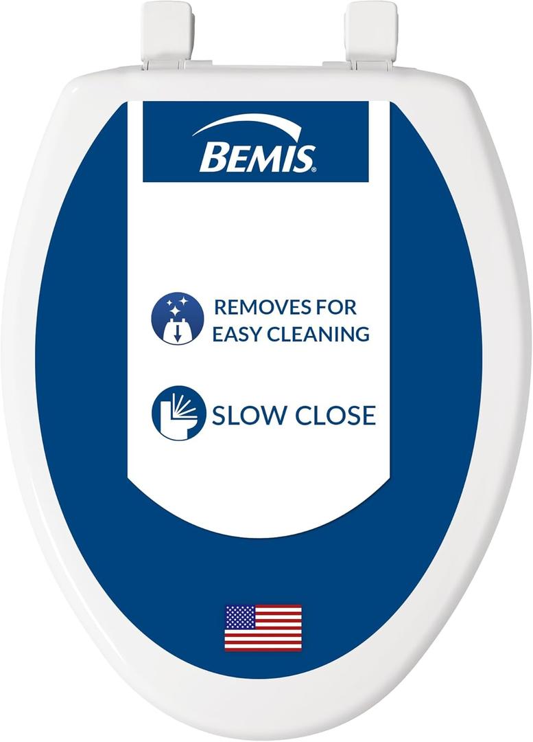 Bemis 7300SLEC Slow Close Toilet Seat, Easy Clean Hinges and Durable Plastic Seat, Made in USA, Elongated, White, 18.62"L x 14.31"W