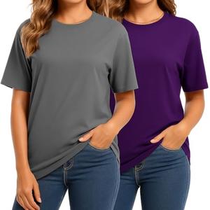 Combed Cotton Summer Tops for Women – Short Sleeve Crewneck T-Shirts, Compact Knit Loose Fit Basic Tees 2 Pack Charcoal/Purple, Large
