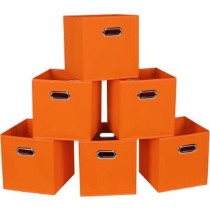 Fabric Cloth Storage Bins, Fabric Cube Bins Organizer with Dual Handles Foldable Cube Storage Baskets for Home Bedroom Storage, Set of 6,(Orange) (6 Pack)