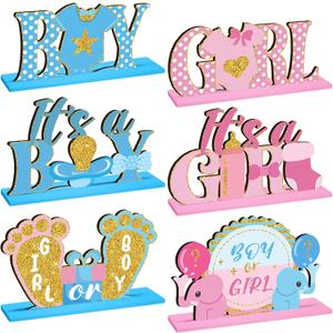 Suzile 6 Pcs Baby Gender Reveal Table Wooden Decorations Blue and Pink Gender Reveal Party Table Decorations for Unisex He or She Boy or Girl Baby Shower Pregnancy Announcements Decor Newborn Party