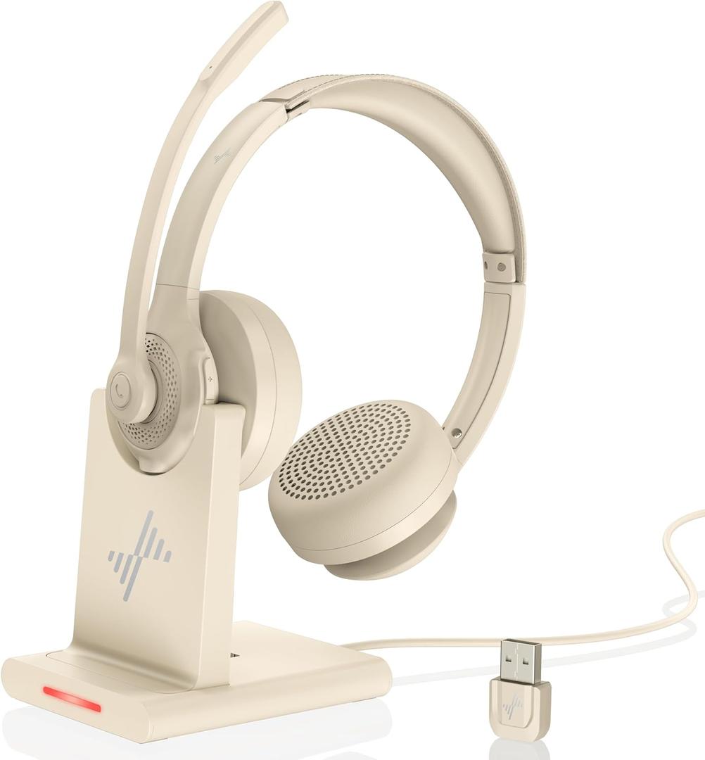 Wireless Headset with AI Noise Cancelling Microphone Bluetooth Headset - Bluetooth V5.2 Headphones with USB Dongle, Charging Base & Mic Mute for Computer/Laptop/PC/iPhone/Android/Cell Phones-Apricot