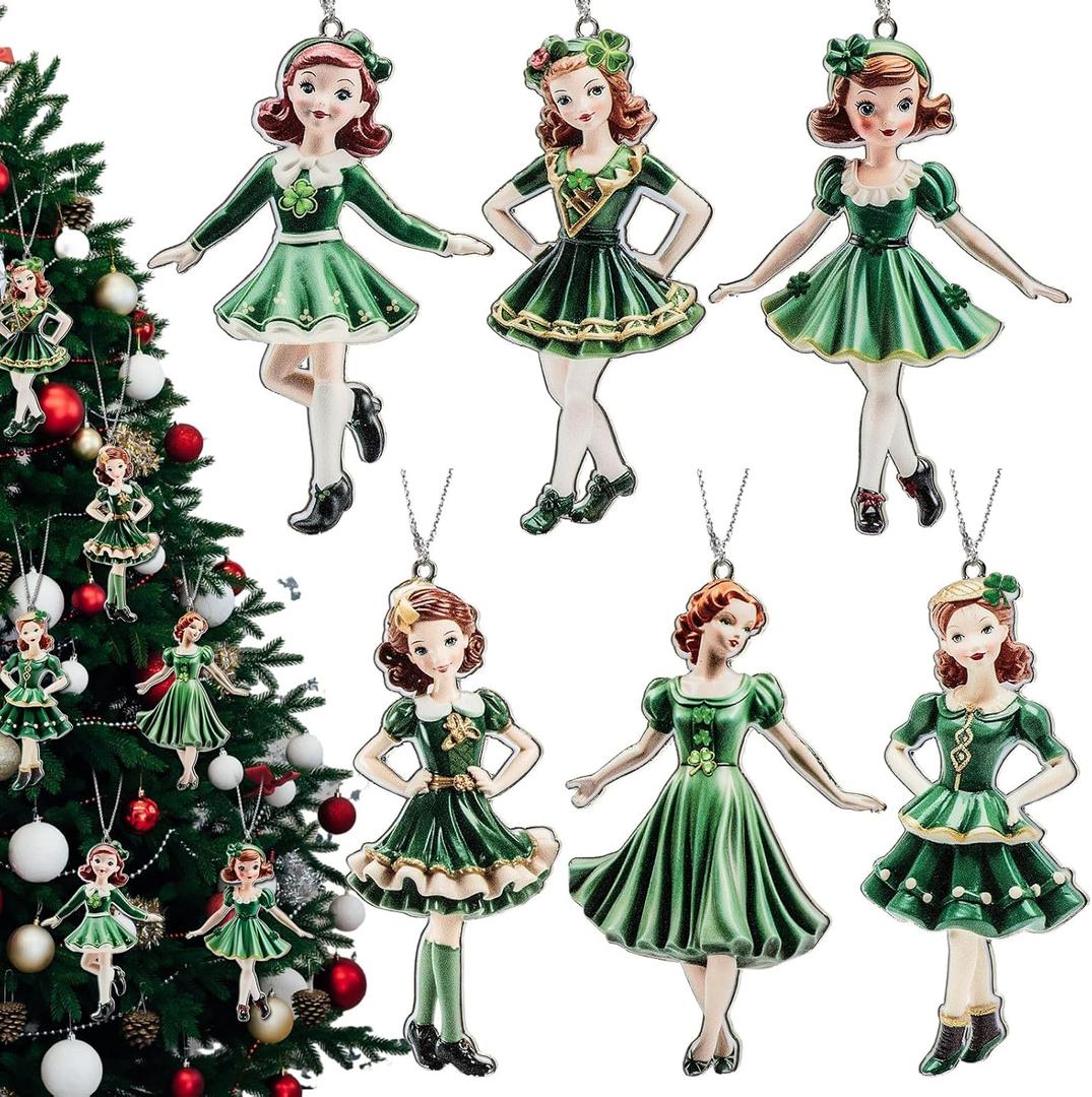 Barydat 6 Pcs Irish Dancer Girl Christmas Ornament Metal Hanging Irish Gift Lucky Clover Dress Xmas Tree Ornament St. Patrick's Day Decor for Christmas Ireland Festival Birthday Gift