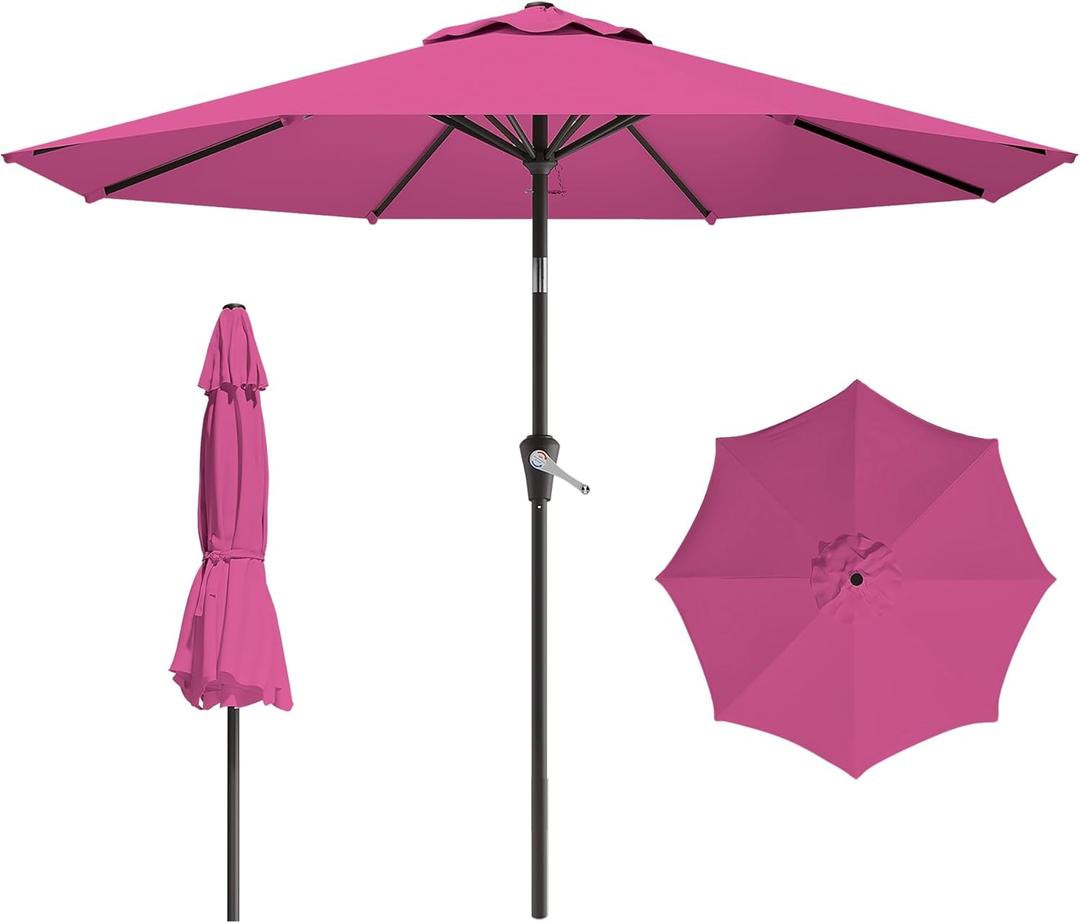 9 FT Patio Umbrella for Outdoor, Outdoor Umbrella with Push Button Tilt and Crank, Outdoor Patio Umbrellas with 8 Sturdy Ribs for Market, Garden, Deck, Backyard, Pool (Rose Pink)