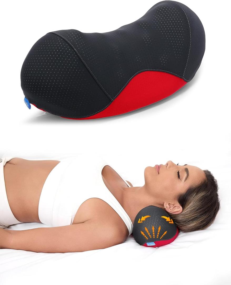 Bespilow Cervical Neck Pillow for Pain Relief, Dual-Layer Memory Foam Orthopedic Contour Pillow for Office,Travel, Ergonomic Neck Support for Back Sleepers,Cooling Breathable Case (US Design Patented) (Black&red)