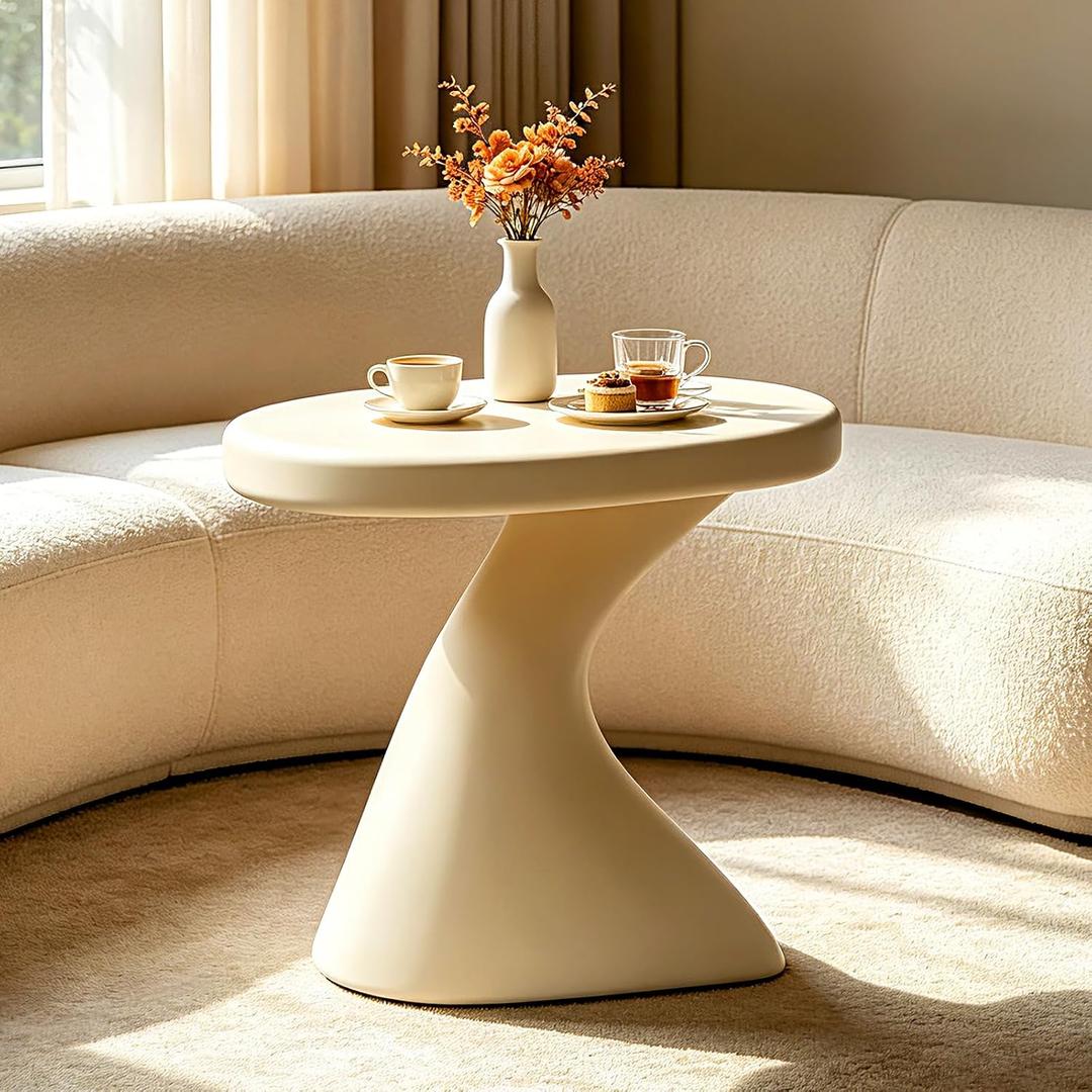 Modern Round Side Table, 16" White Z-Shaped PE Accent End Table, Sculptural Pedestal Small Coffee Table, No Assembly Indoor Outdoor Nightstand for Living Room Bedroom
