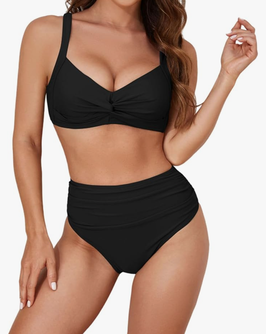 Twist High Waisted Bikini for Women Cross Lace Up Bathing Suit Ruched Bikini Swimsuits Tummy Control Swimwears, M
