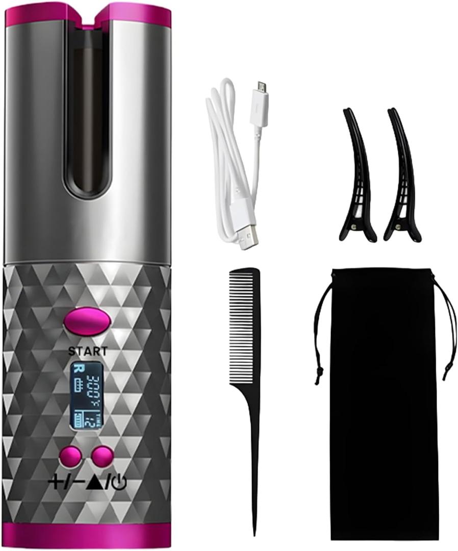 Automatic Rotating Curling Iron - Cordless Curling Iron Beach Waves Styler Curling Wand, Portable Hair Curler Wand Set, 500 Million Ionic, Dual Voltage & Lightweight for Travel