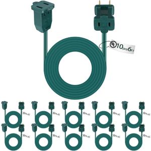 Kanayu 10 Pack 6 ft Green Ul Indoor Extension Cord 2 Prong Electric Cord Extender Wire Plug in and End Ac 120 Volts for Outdoor Christmas Connect or Extend String Lights