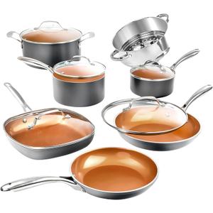 Gotham Steel 12 Pc Ceramic Cookware Set Nonstick, Ceramic Pots and Pans Set Non Stick with Steamer for Cooking, Non Toxic PFOA PFOS Free, Ergonomic Stay Cool Handles, Oven & Dishwasher Safe, Copper
