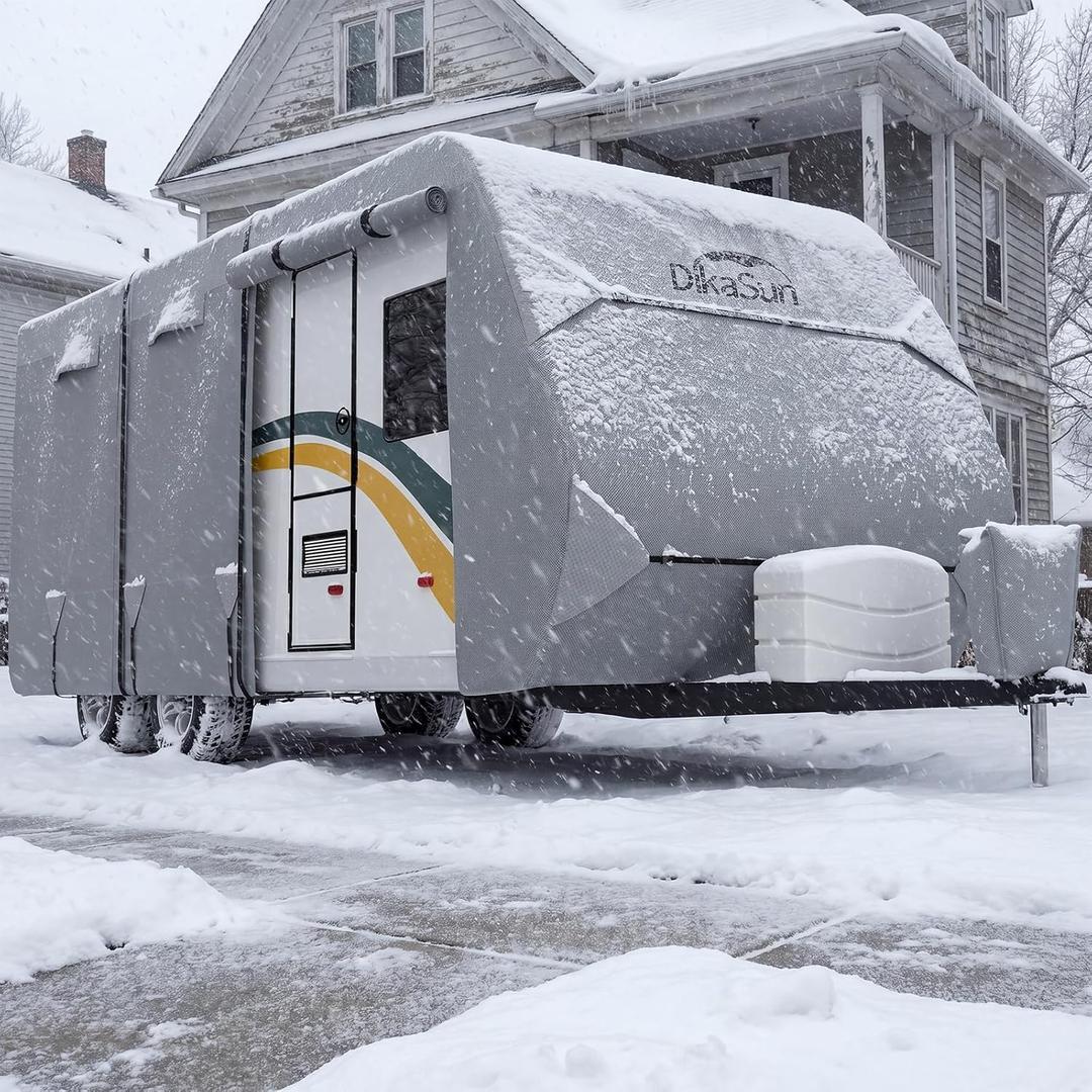 Travel Trailer RV Cover 16' ~ 18', Upgraded 9 Layers Top Waterproof Camper Cover, Heavy Duty Toy Hauler RV Cover for Winter Snow with Tongue Jack Cover, Gutter Covers