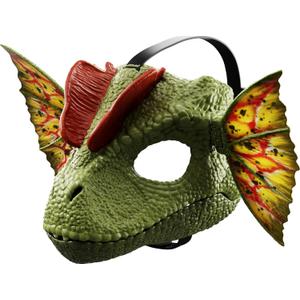 Mattel Jurassic World Dilophosaurus Role Play Mask with Venom Launchin Water Feature, Sound & Adjustable Frill, Dinosaur Costume Headgear Toy