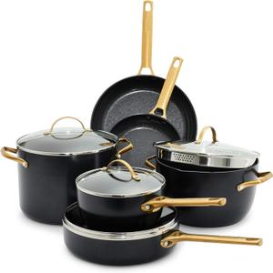 GreenPan Hard Anodized Healthy Ceramic Nonstick 10 Piece Cookware Pots and Pans Set, Gold-Tone Stainless Steel Handles, PFAS & PFOA-Free, Dishwasher Safe, Oven & Broiler Safe, Black