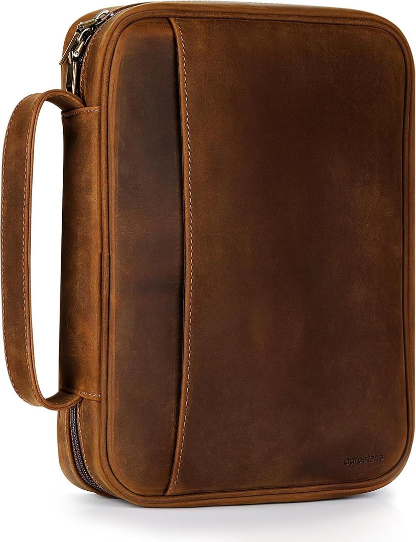 Genuine Leather Bible Cover Cowhide Bible Case for Men Women Church Bag Protective Book Holder with Double Zippers Full Grain Leather Portfolio Organizer Bible Carrying Case with Handle