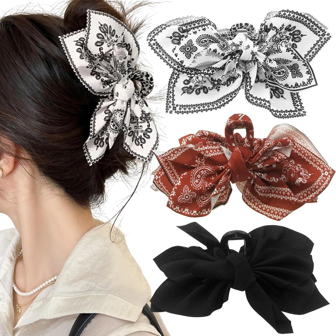 3 PACK Large Bow Western Hair Claw Clips,Boho Bandana Hair Bows Clips for WomenThick Hair Non-slip Hair Accessories for Girls