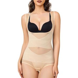 BRABIC Mesh Shapewear Bodysuit Tummy Control for Women Plus Size Faja Body Shaper Bodysuit Butt Lifter (Large, Beige)