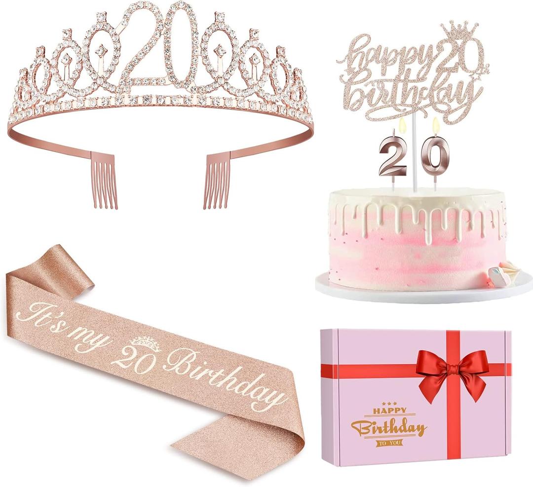 20th Birthday Decorations for Women Including Sash, Crown, Cake Topper and Candles, 20th Birthday Gifts for Women, Rose Gold Party Favor Supplies