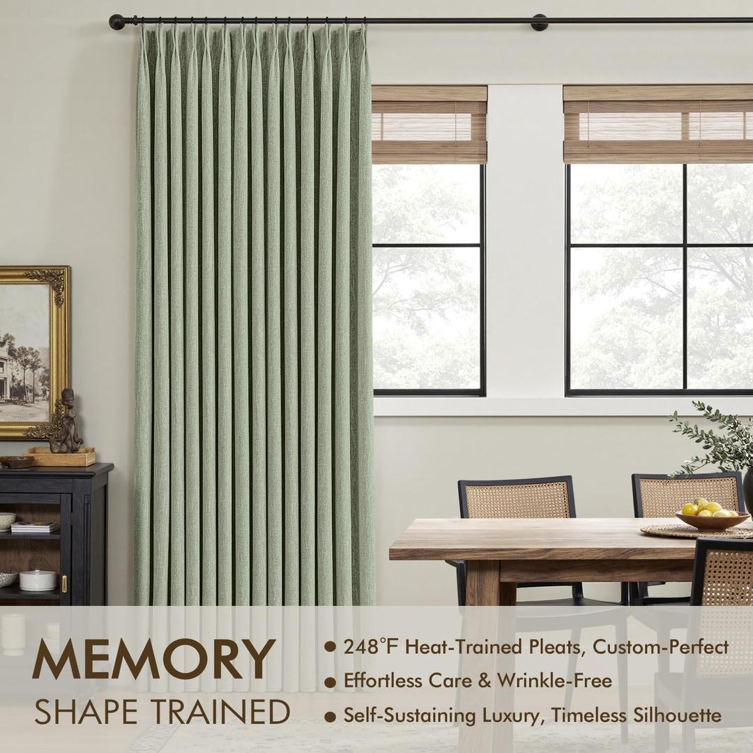 Sage Green Pinch Pleated 100% Blackout Linen Curtains for Bedroom, Room Darkening Light Blocking Window Curtains for Living Room, 3x3 Ft