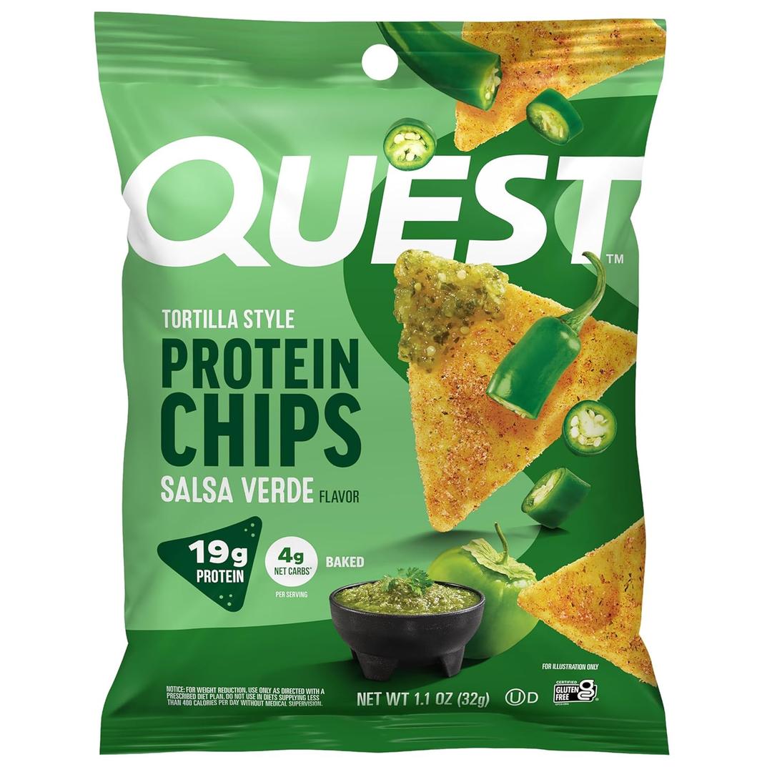 Quest Nutrition Tortilla Style Protein Chips, Salsa Verde, 19g of Protein, 4g Net Carbs, Gluten Free, 1.1 Ounce (Pack of 12)(BB: 08/02/2026)