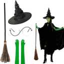 4 Pcs Halloween Witch Costume Set, Cosplay Kit with Witch Hat, Green Gloves, Broom & Glasses Wicked Party Costume for Women Lady