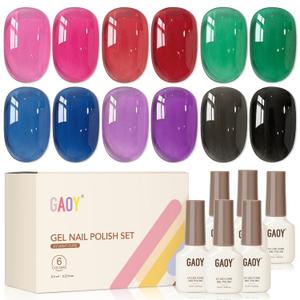 GAOY Jelly Red Black Gel Nail Polish Set, 6 Transparent Colors Green Blue Pink, UV Light Cure Gel Polish Kit for Nail Art DIY at Home