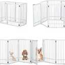 SMONTER Freestanding Dog Gate with Door Walk Through, 120'' Extra Wide Indoor Dog Fence, 31.5'' H 6 Panels Foldable Metal Pet Puppy Gate for Stairs, Hallways, Doorway, White